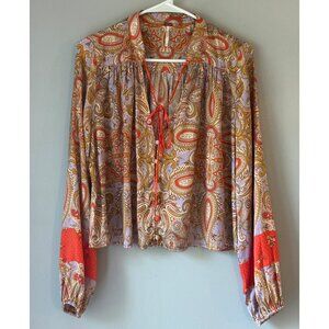 Free People Satiny Paisley Bell Sleeves Tie Front Buttons